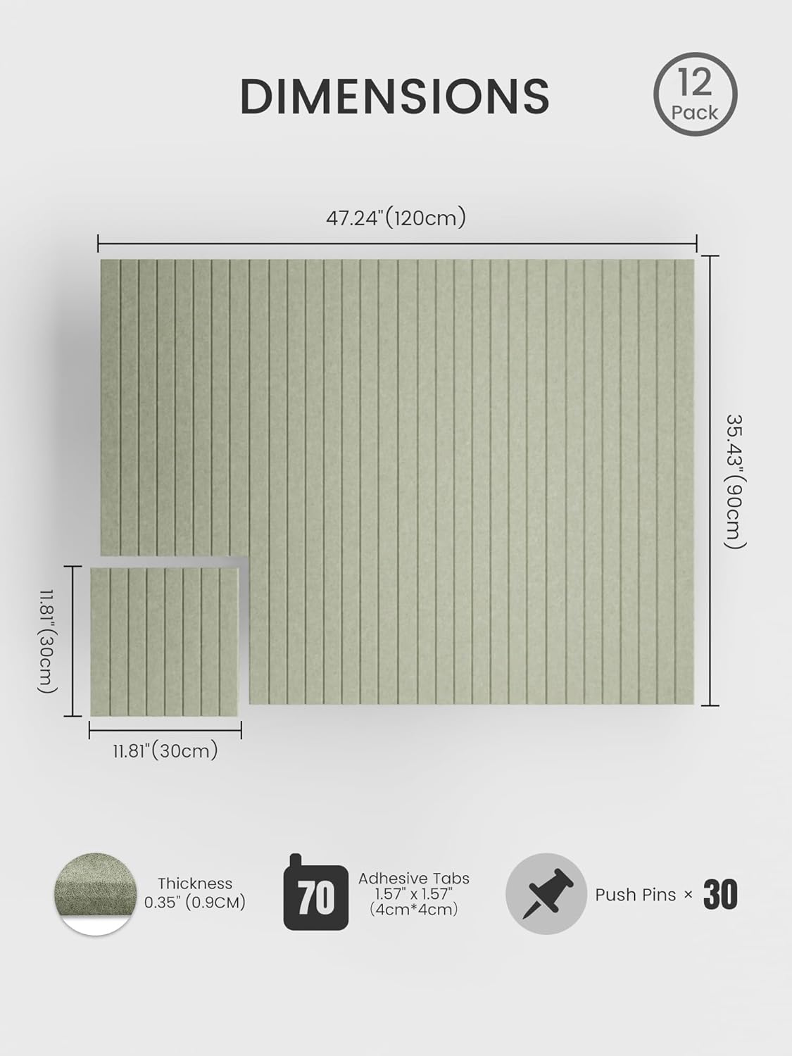 Bumusty Large Cork Board Alternative-48 x 36 Felt Bulletin Board Tiles, with 30 Pushpins, 70 Adhesive Tabs, 12-Pack Slat Wall Paneling, Cork Boards for Office Push Pin Board Felt Board-Sage